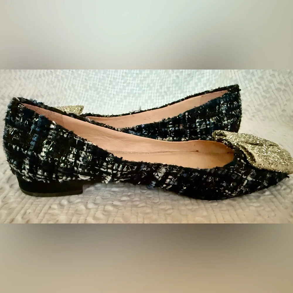 J Crew Women's Poppy Ballet Flats Tweed Glitter Bow Ocean Black Shoes SZ 7
